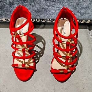 Red Cage Style Metallic Design Heels